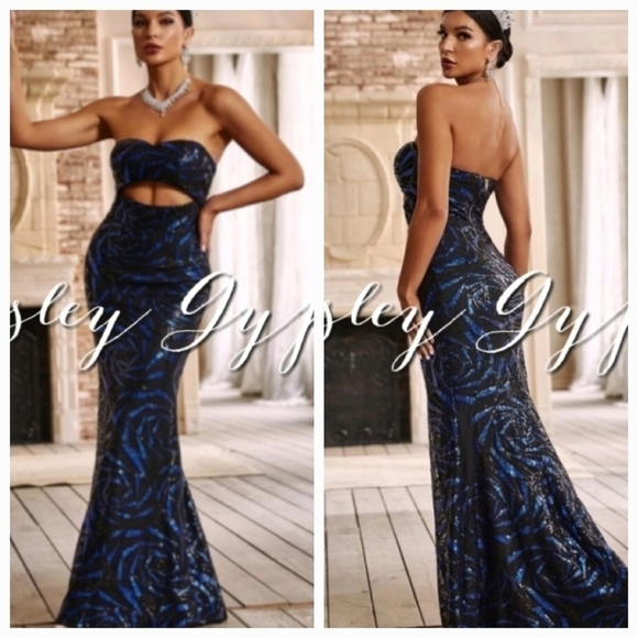 PREMIUM BRAND AND QUALITY GEOMETRIC SEQUINED STRAPLESS MERMAID MAXI DRESS - Picture 1 of 16